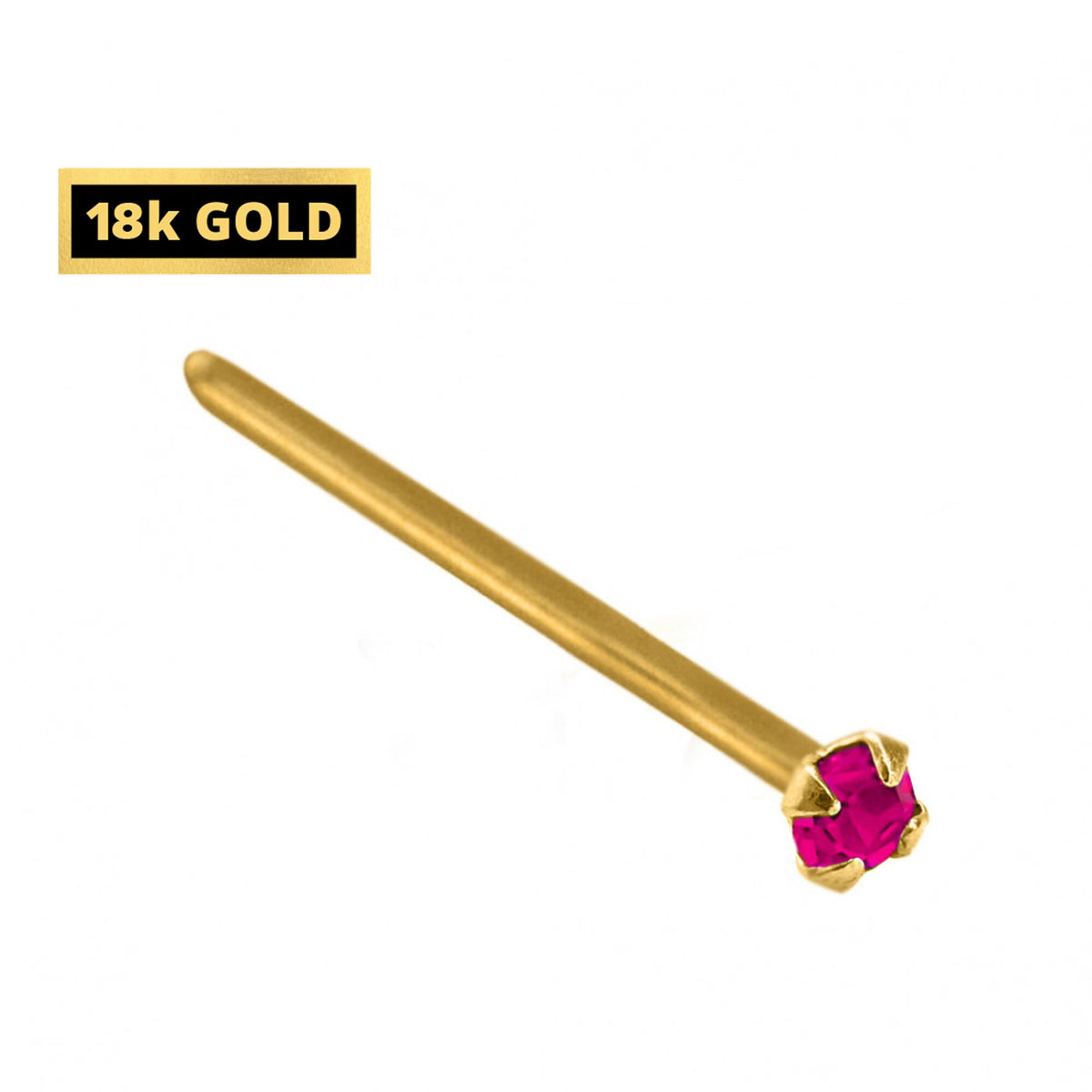 18K Solid Gold Nose Stud: Crystal Prong Set, 23g