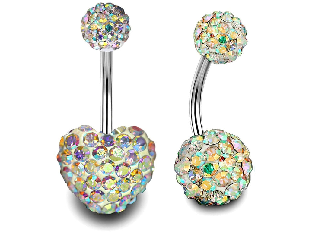 Crystal Glitter Ball Belly Ring: Surgical Steel Heart Navel Bar (2pcs)