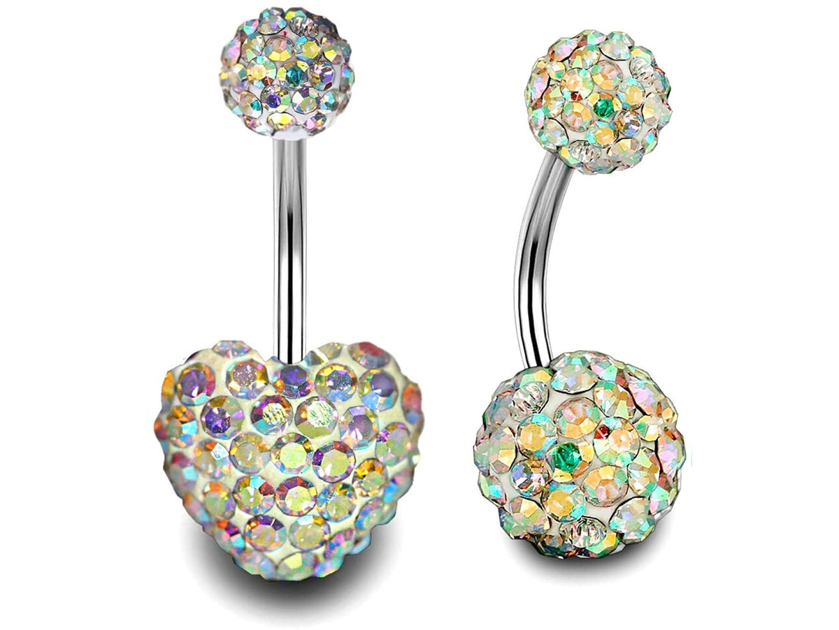 Crystal Glitter Ball Belly Ring: Surgical Steel Heart Navel Bar (2pcs)
