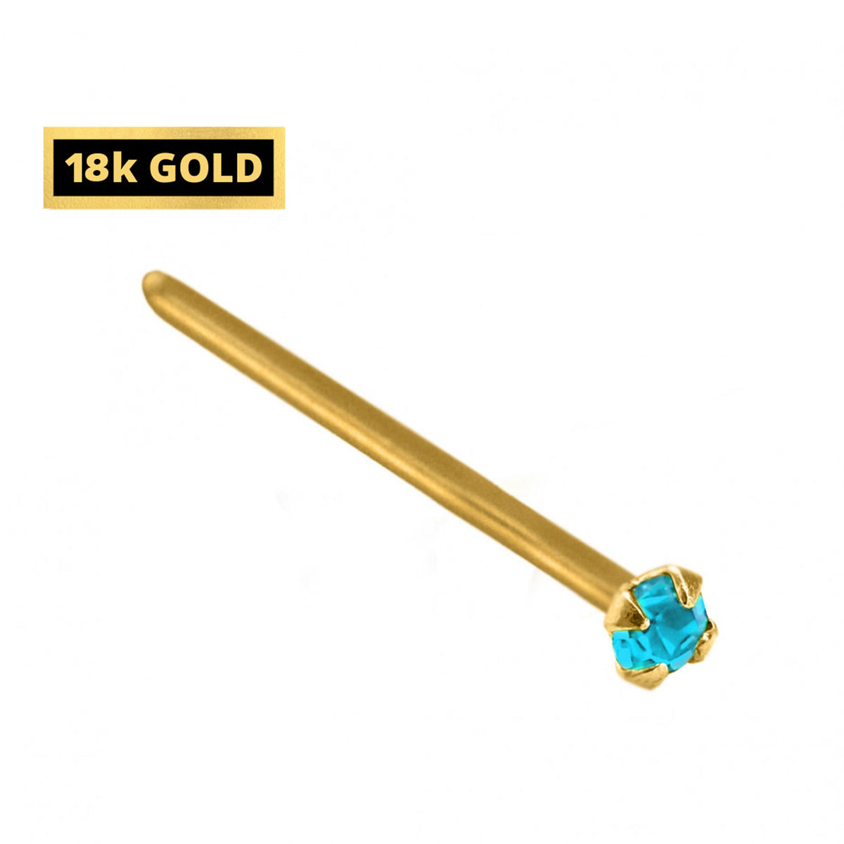 18K Solid Gold Nose Stud: Crystal Prong Set, 23g