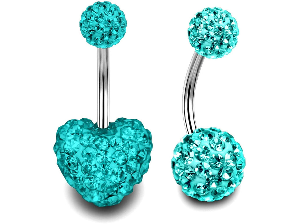 Crystal Glitter Ball Belly Ring: Surgical Steel Heart Navel Bar (2pcs)