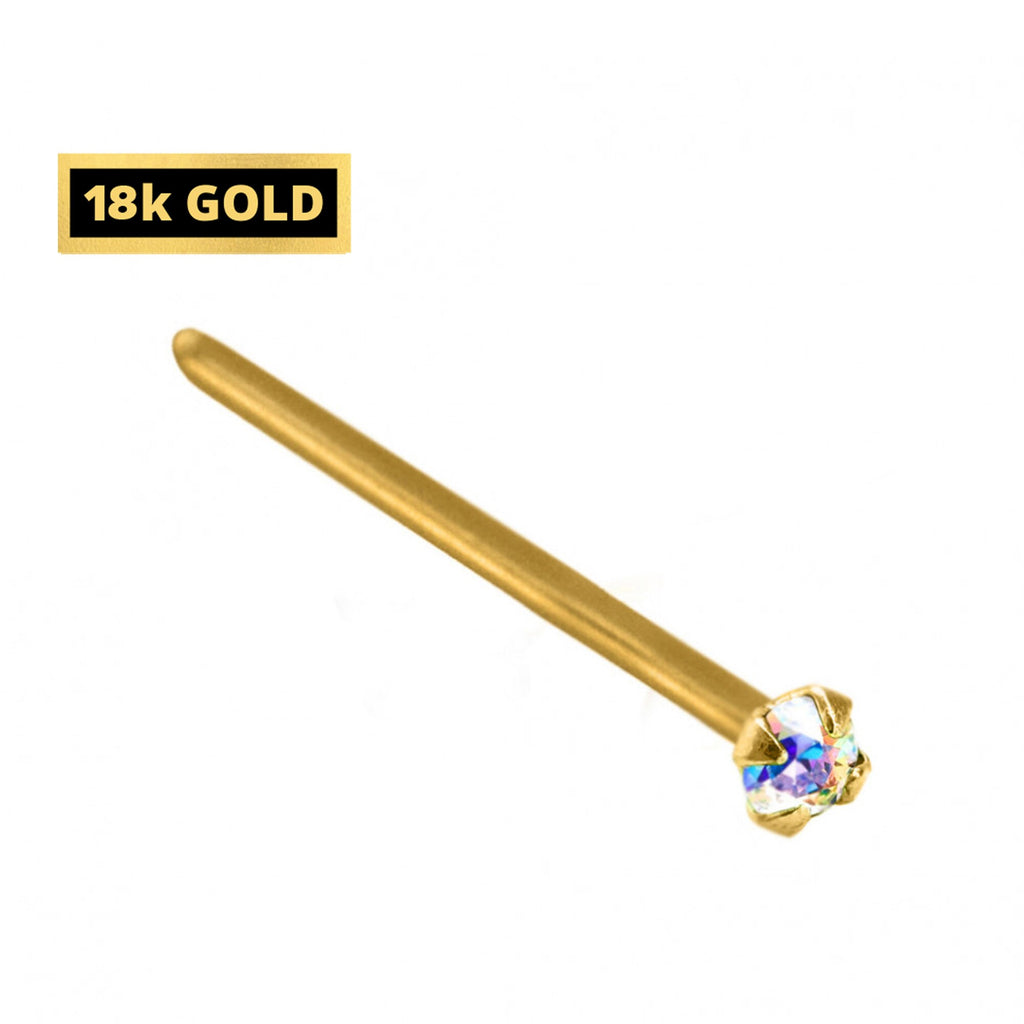 18K Solid Gold Nose Stud: Crystal Prong Set, 23g