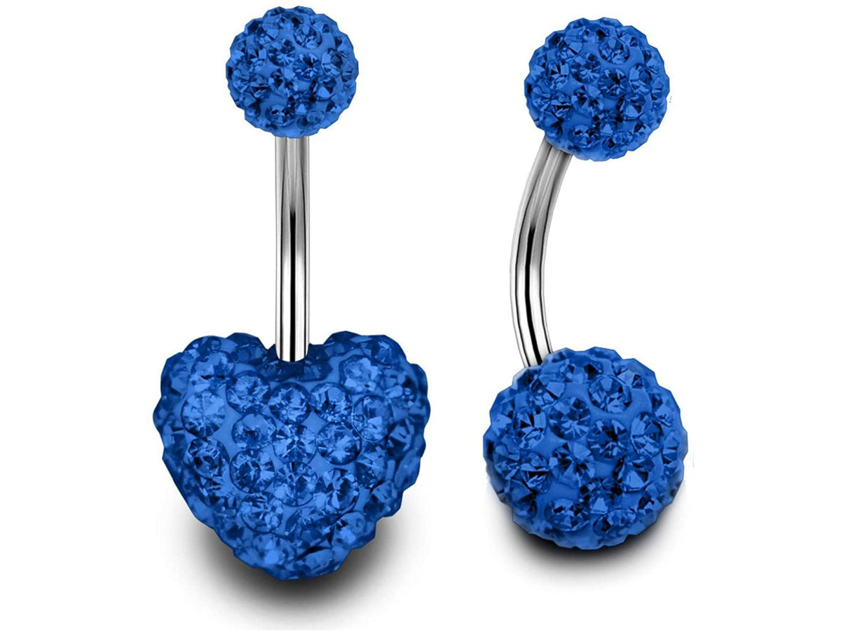 Crystal Glitter Ball Belly Ring: Surgical Steel Heart Navel Bar (2pcs)