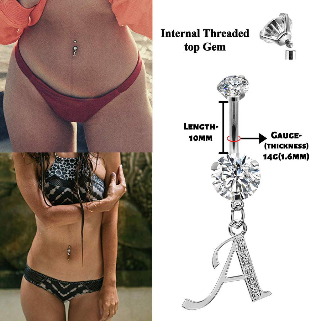 Initial Belly Ring: Sterling Silver Alphabet Dangle, Internally Threaded