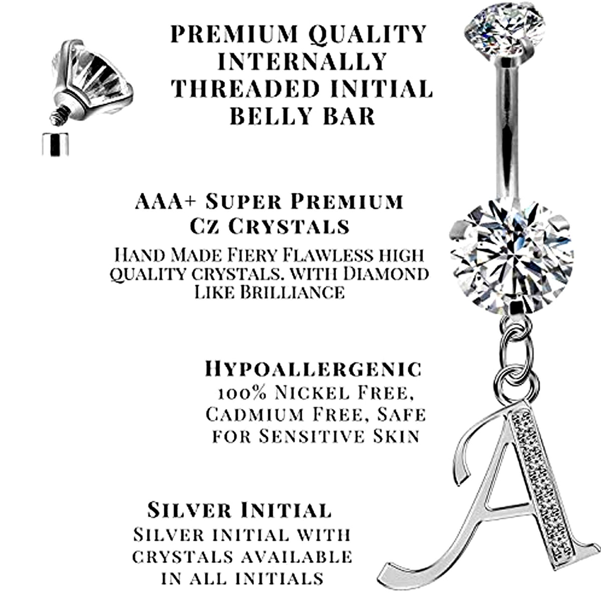 Initial Belly Ring: Sterling Silver Alphabet Dangle, Internally Threaded