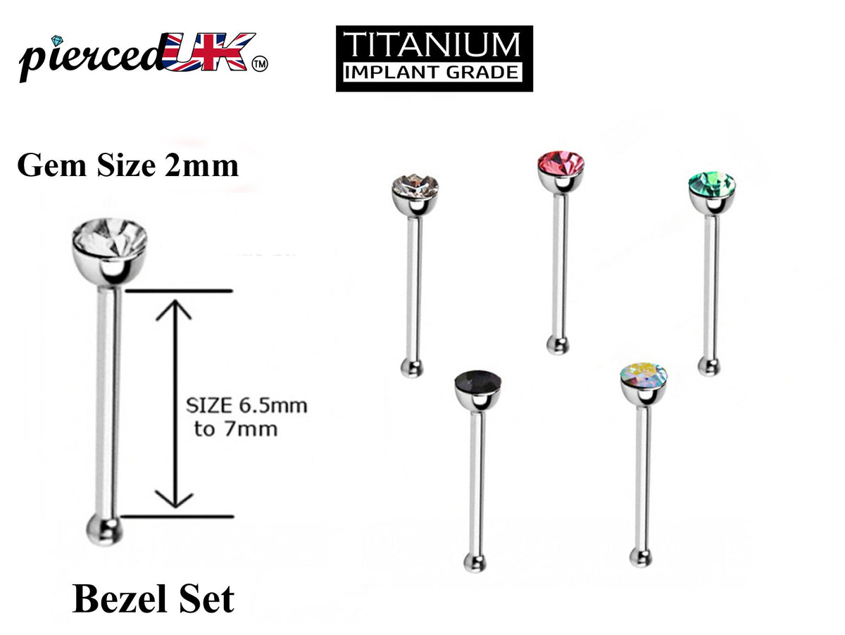 Titanium Nose Bone Stud: Bezel CZ Crystal Nose Piercing (24g 20g 18g)