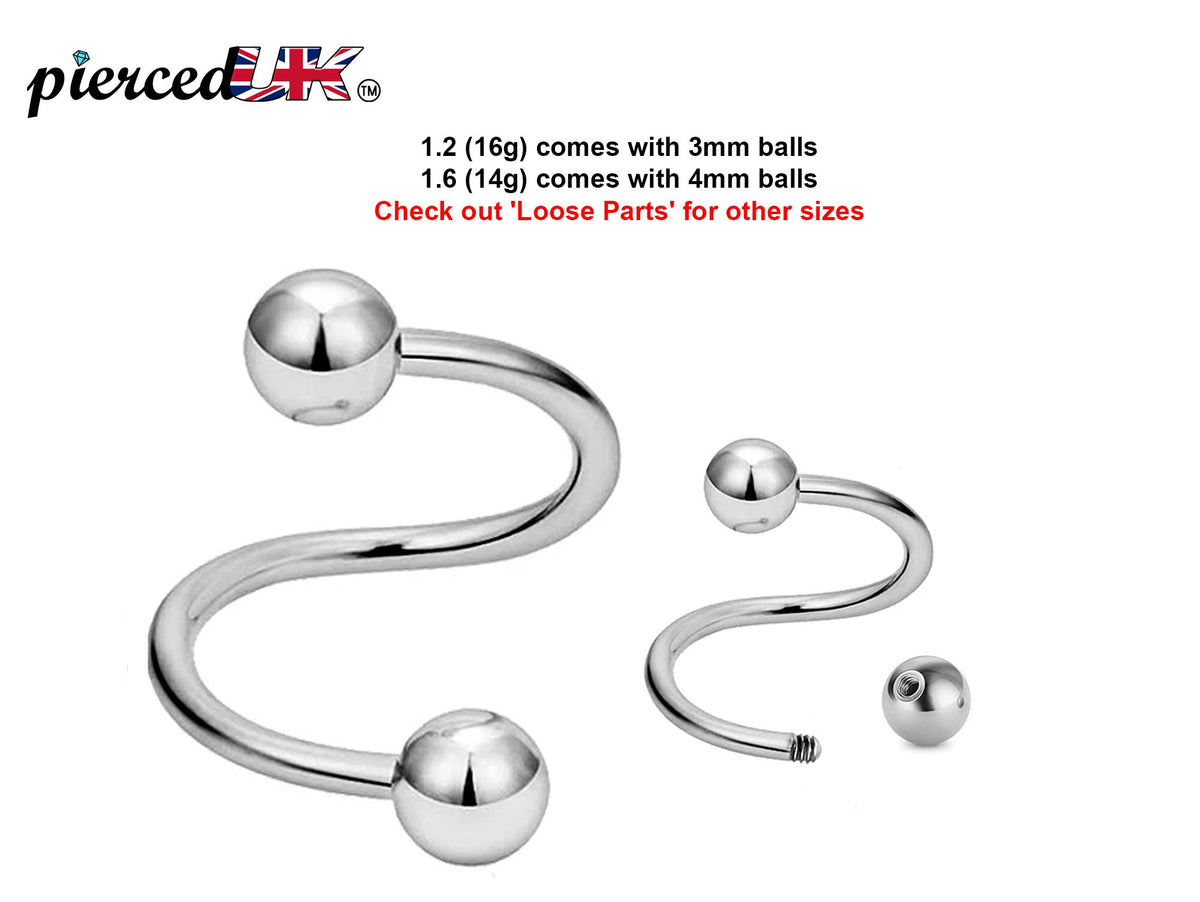 Surgical Steel Spiral Barbell: 16g/14g Twist Piercing