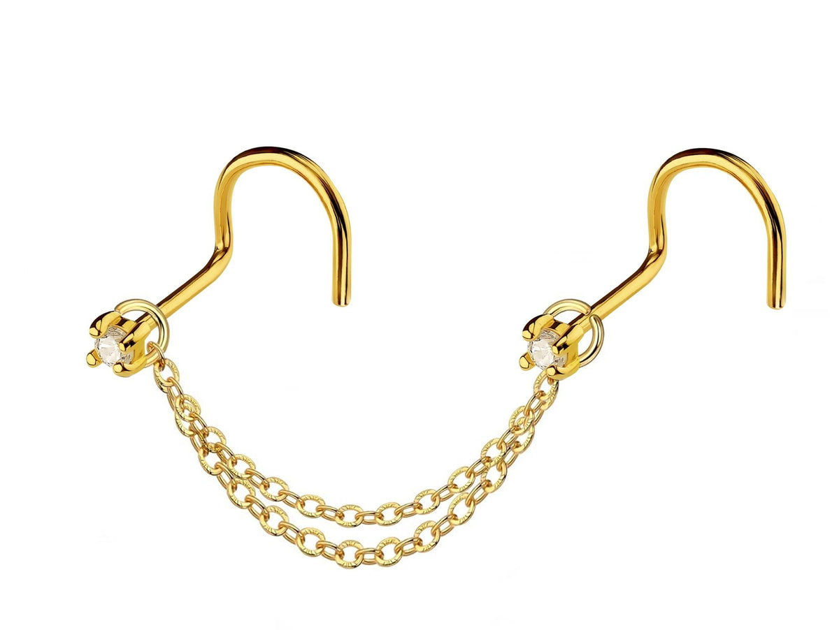14K Gold Nasallang Piercing: Crystal Nose Stud Chain (20-60mm)
