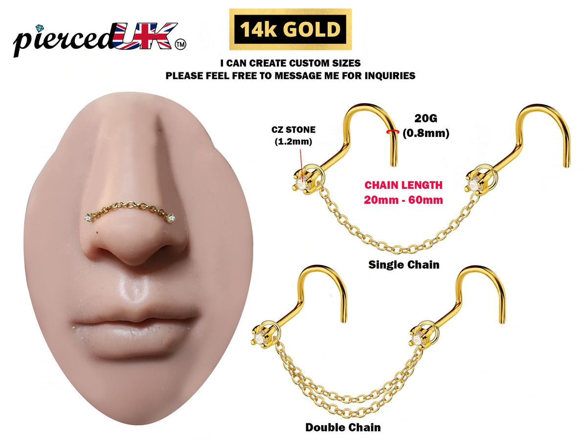 14K Gold Nasallang Piercing: Crystal Nose Stud Chain (20-60mm)