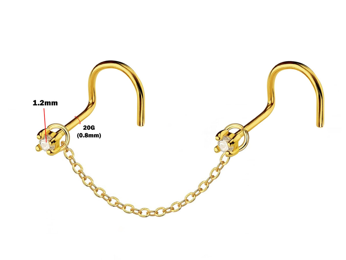 14K Gold Nasallang Piercing: Crystal Nose Stud Chain (20-60mm)