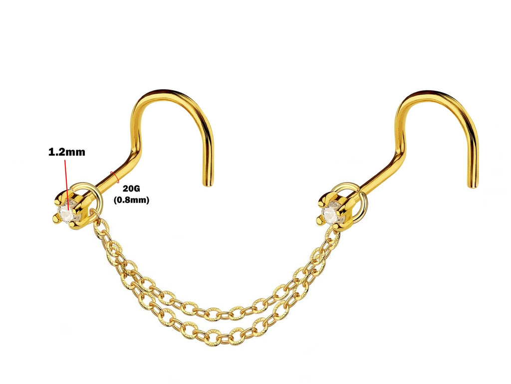 14K Gold Nasallang Piercing: Crystal Nose Stud Chain (20-60mm)