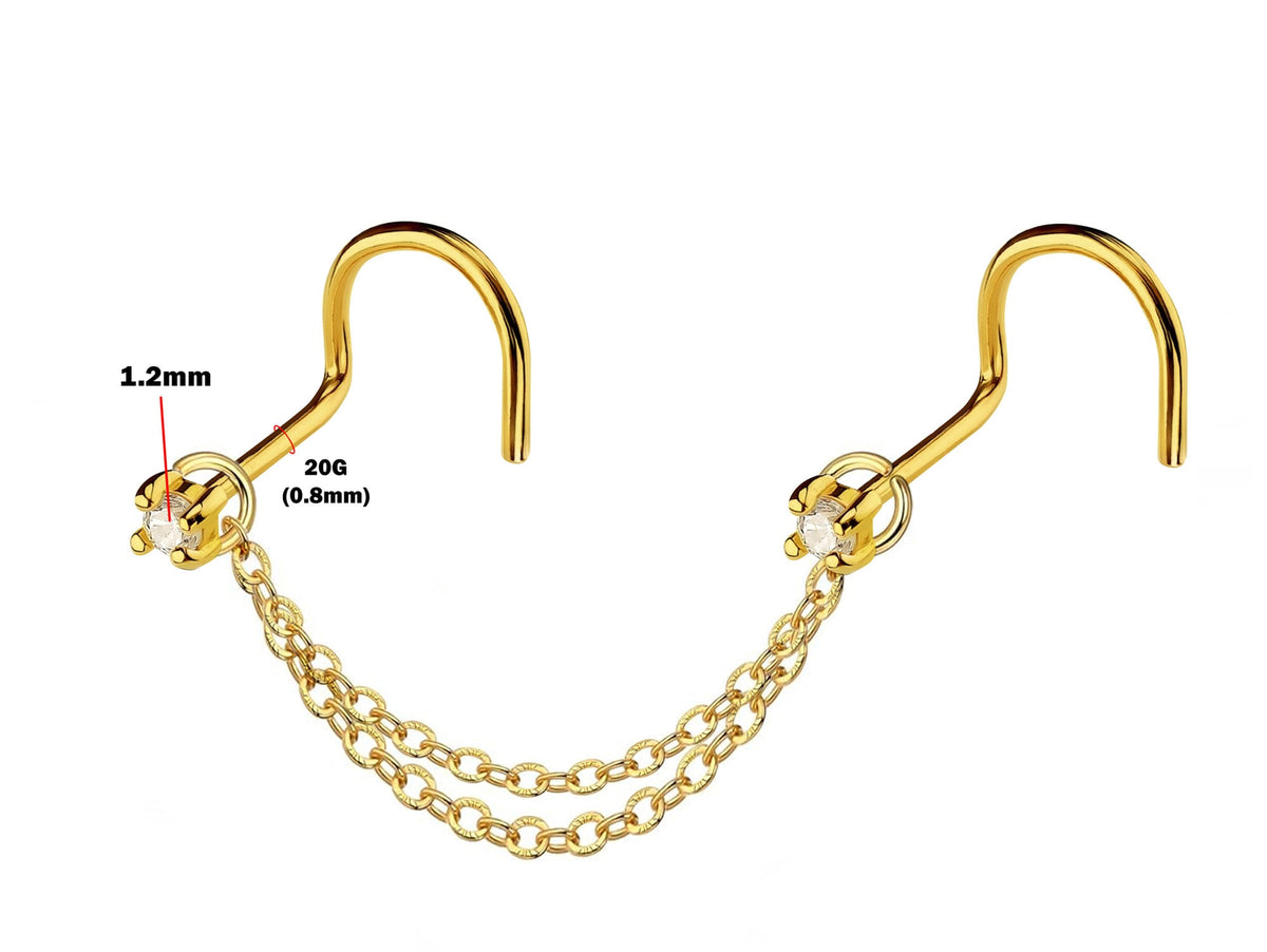 14K Gold Nasallang Piercing: Crystal Nose Stud Chain (20-60mm)