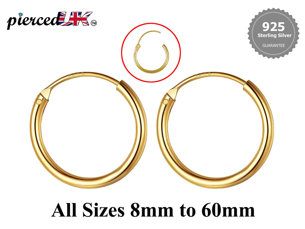 18K Gold Plated Hoop Earrings: Sterling Silver, Hand Polished (8mm-60mm)