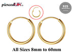 18K Gold Plated Hoop Earrings: Sterling Silver, Hand Polished (8mm-60mm)
