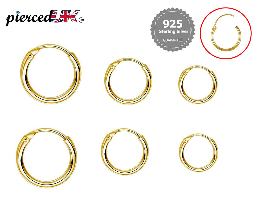 18K Gold Plated Hoop Earrings: Sterling Silver, Hand Polished (8mm-60mm)