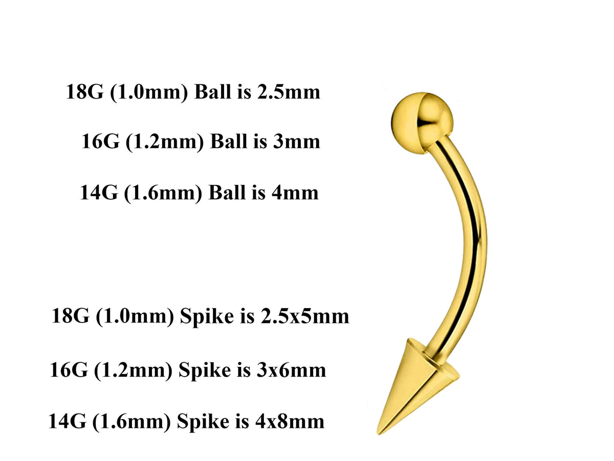 Gold Curved Barbell: Surgical Steel Eyebrow, Daith, Vertical Labret Piercing