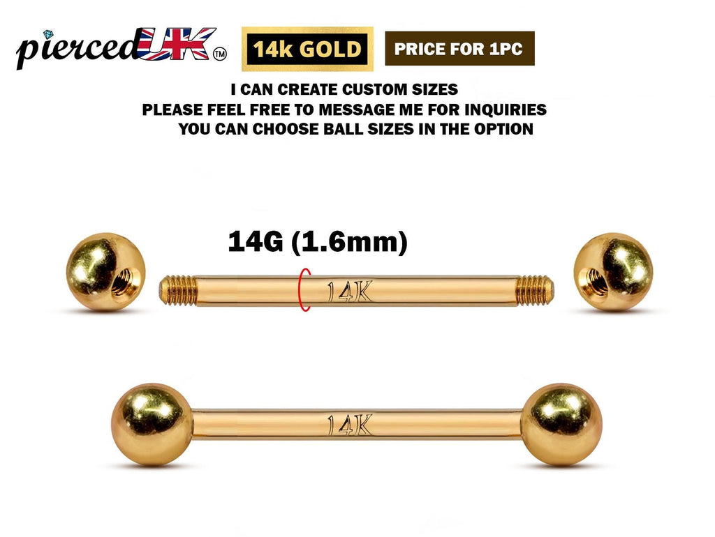 14K Gold Barbell Piercing: 16G 14G Tongue, Nipple, Ear (6mm-24mm)