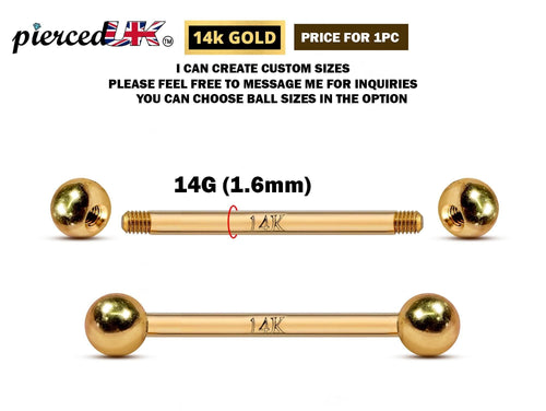 14K Gold Barbell Piercing: 16G 14G Tongue, Nipple, Ear (6mm-24mm)