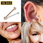 14K Gold Barbell Piercing: 16G 14G Tongue, Nipple, Ear (6mm-24mm)