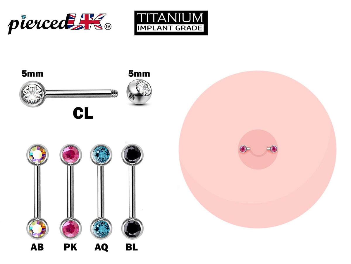 Titanium Nipple Barbell with CZ Crystals - 16g/14g Nipple Jewelry