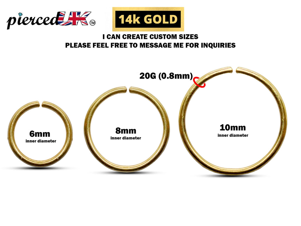 14K Solid Gold Nose Ring: Thin 20 Gauge Piercing Hoop