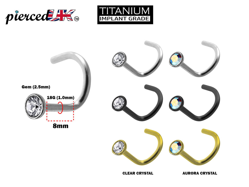 Titanium 18G Nose Stud: 2.5mm Crystal Inlay, 8mm Length