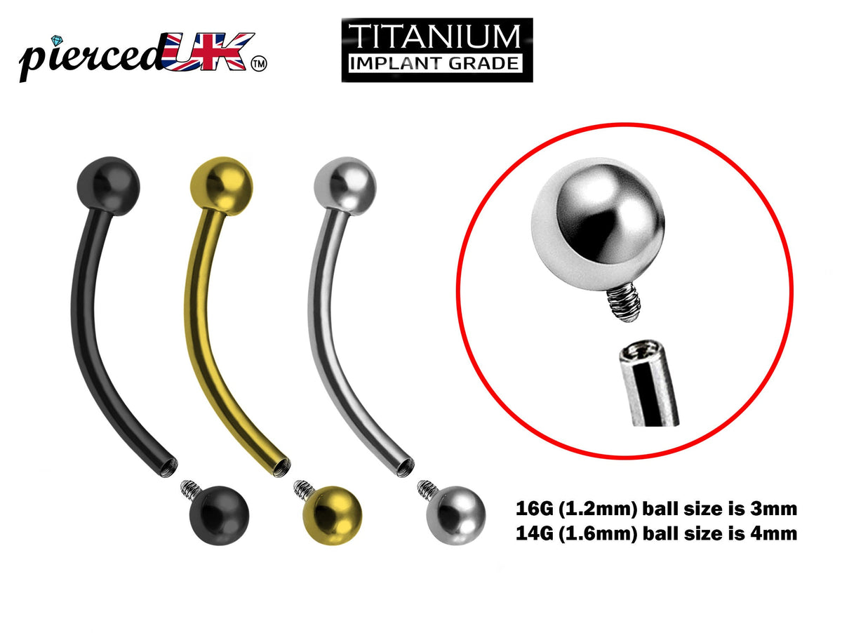 Titanium Curved Barbell: 16g 14g Eyebrow, Lip, Vertical Labret Piercing