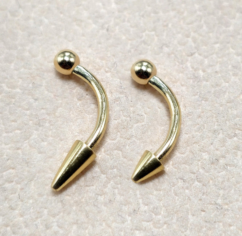 14K Solid Gold Spike Curved Barbell: Vertical Labret, Eyebrow Piercing