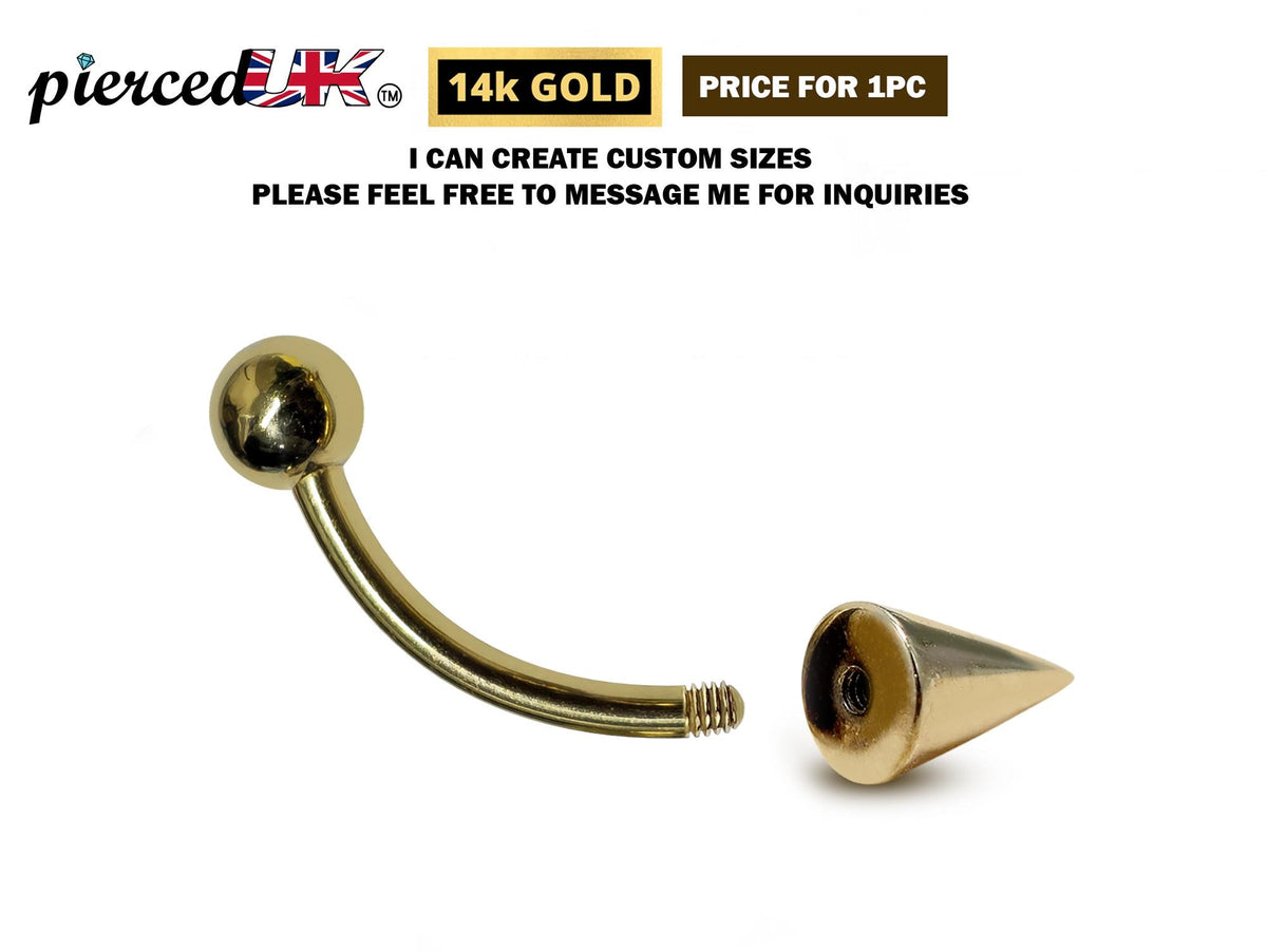 14K Solid Gold Spike Curved Barbell: Vertical Labret, Eyebrow Piercing