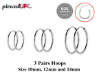 Hoop Earrings Silver - Set of 3 Pairs Hoop Earrings for Women - Comes in Sizes of 10mm, 12mm and 14mm - Silver, Gold, Rose Gold