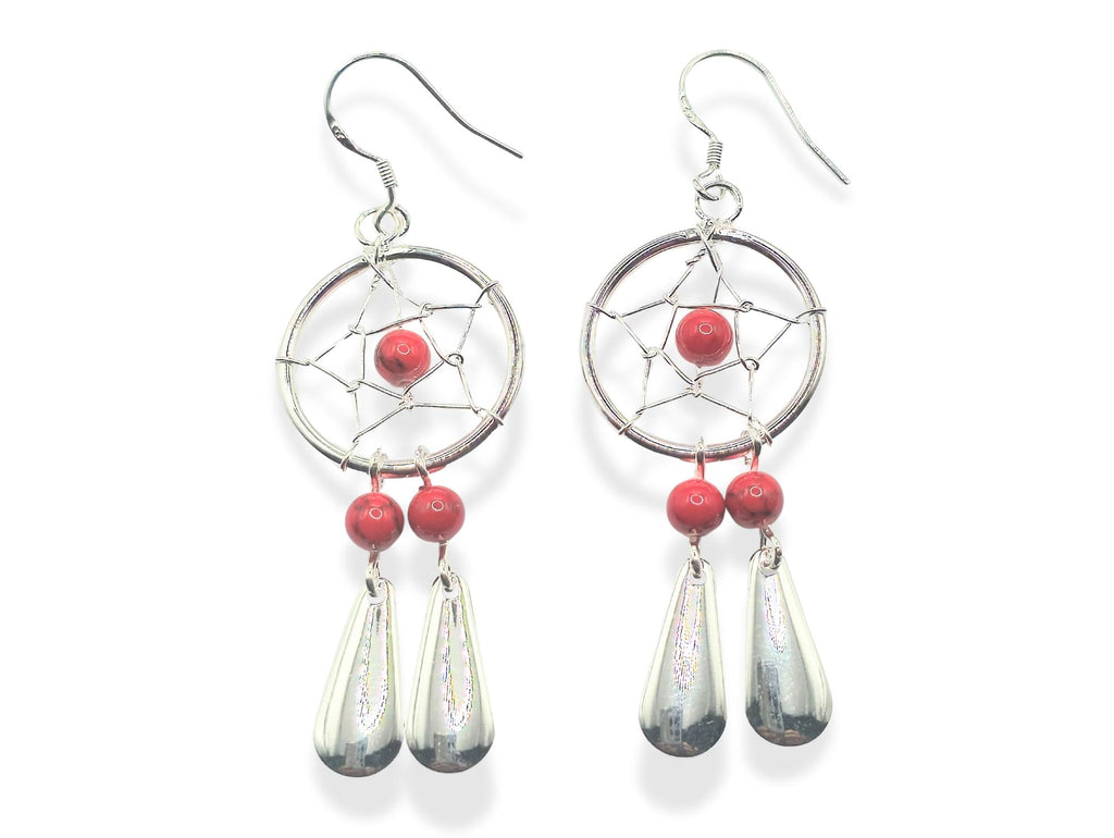 Handmade Silver Dreamcatcher Dangle Earrings with Genuine stone Beads Turquoise, Coral, Onyx and Lapis