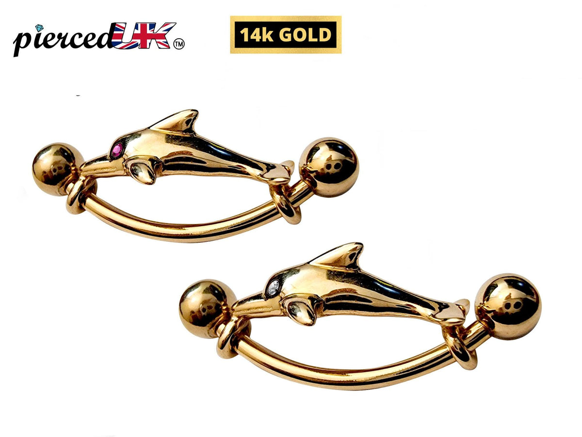 14K Gold Dolphin Belly Button Ring - 14g Body Piercing Jewelry