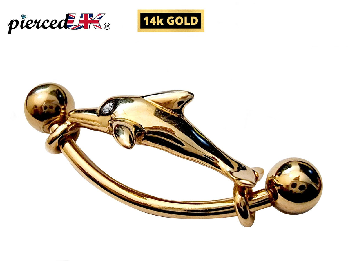 14K Gold Dolphin Belly Button Ring - 14g Body Piercing Jewelry