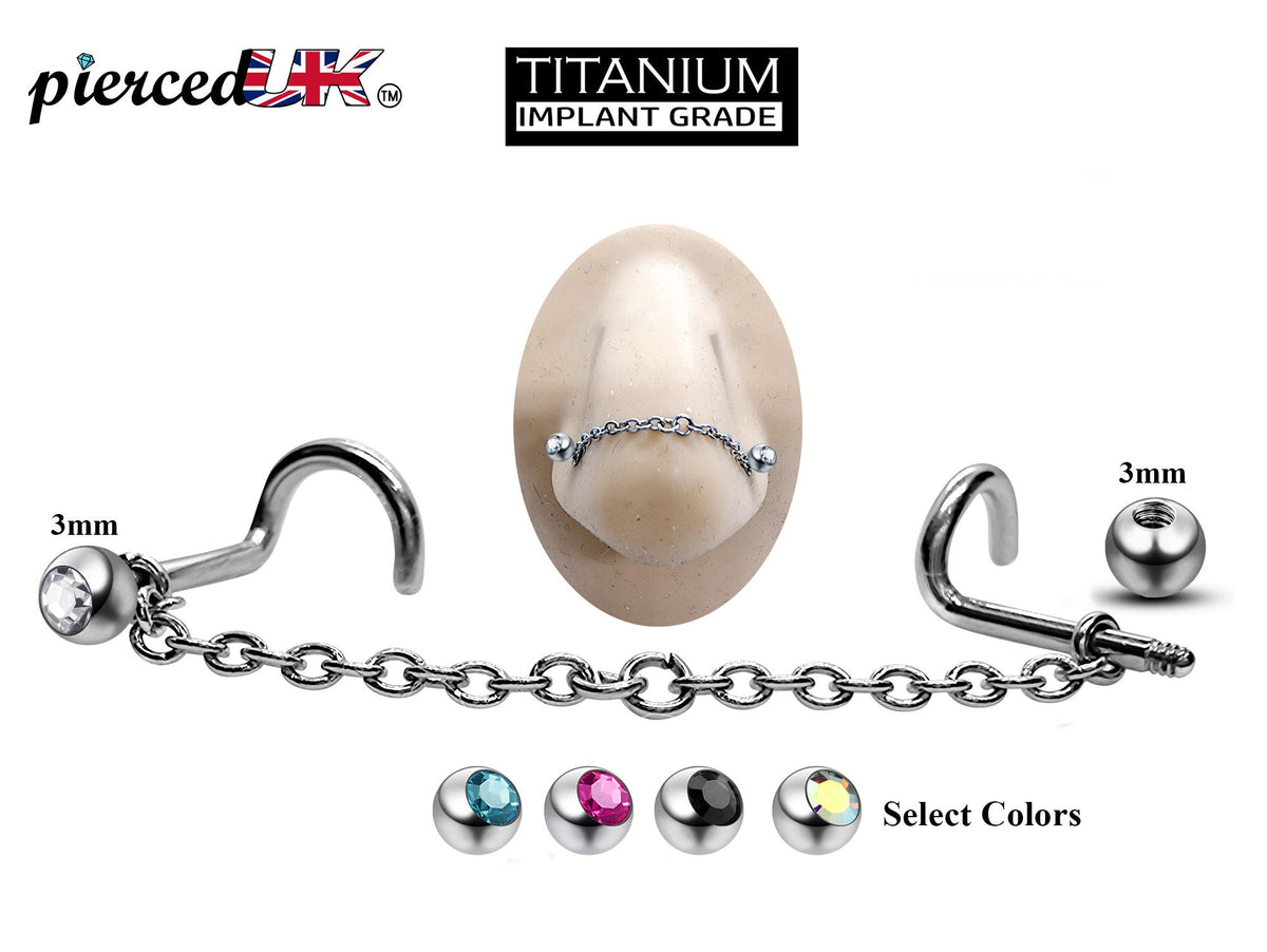 Titanium Nose Chain: Nasallang Piercing with Gem Ball (3mm)