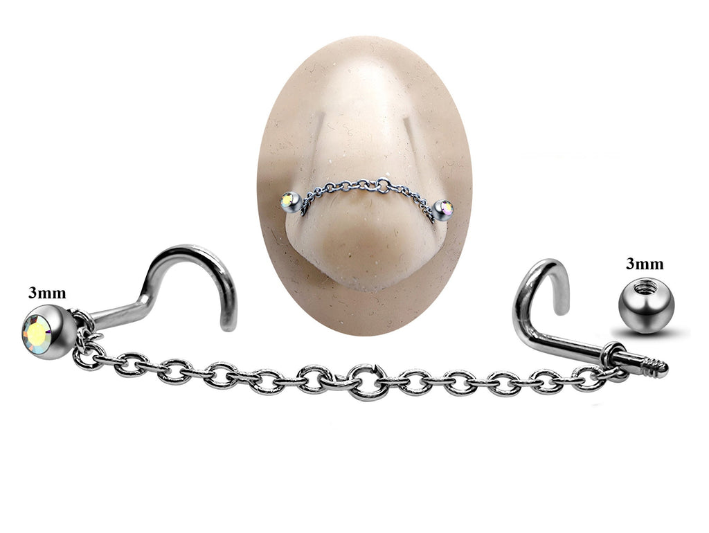 Titanium Nose Chain: Nasallang Piercing with Gem Ball (3mm)