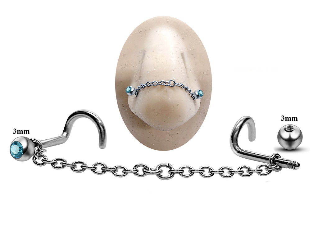 Titanium Nose Chain: Nasallang Piercing with Gem Ball (3mm)