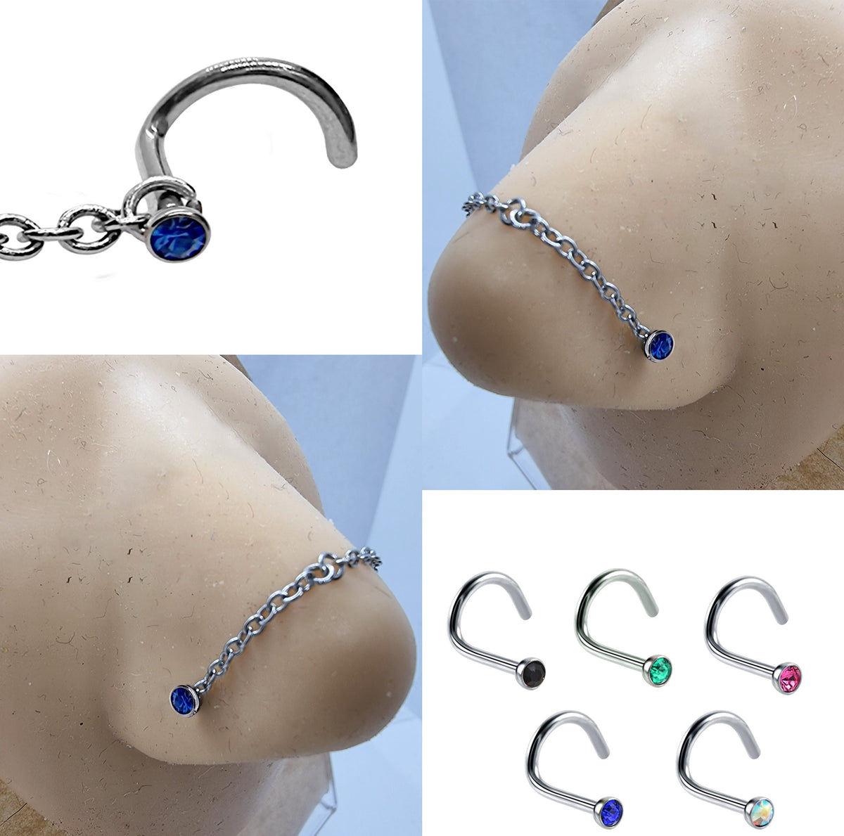 Titanium Nasallang Piercing: Handmade Nose Chain with CZ Crystals