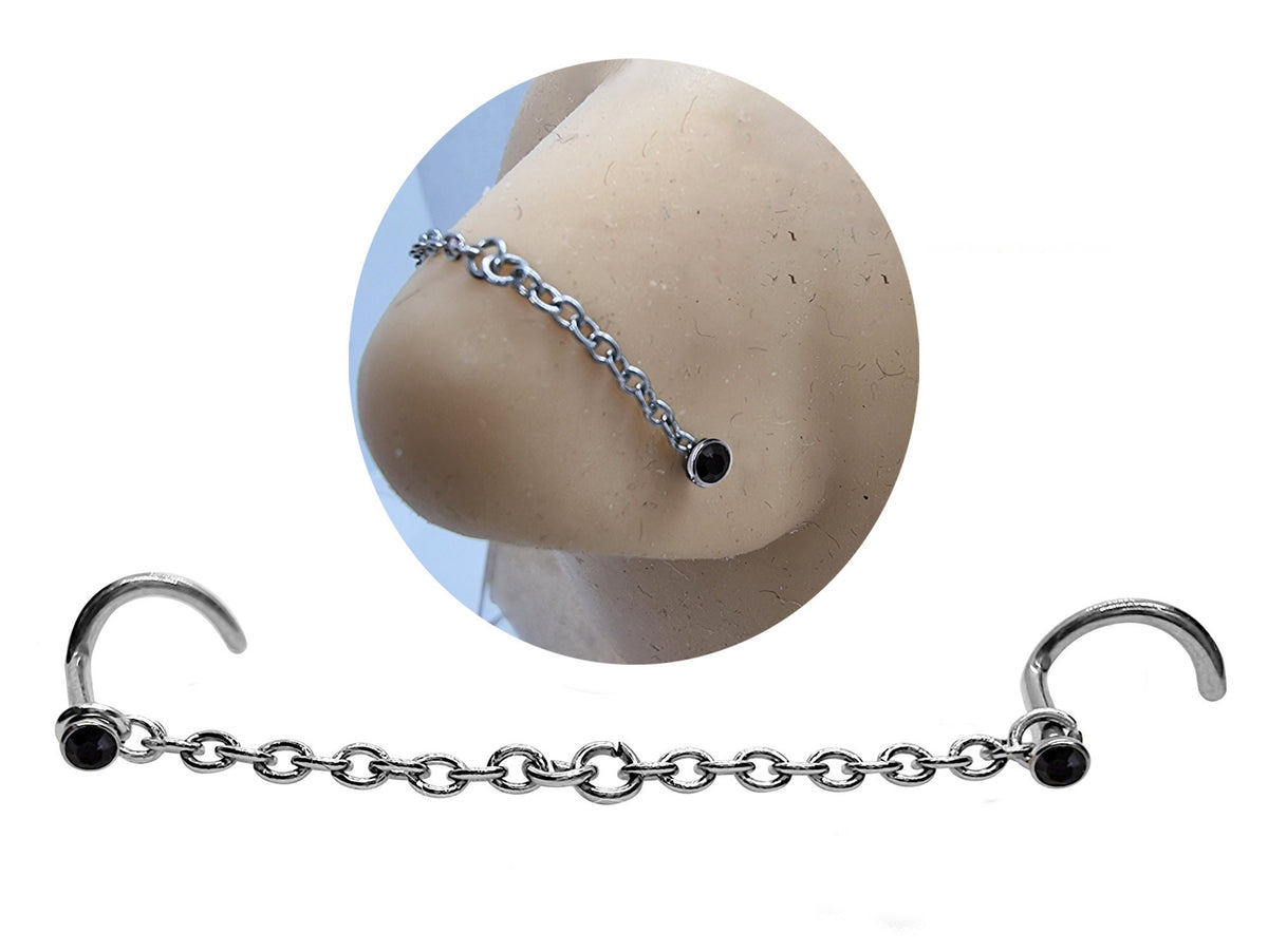 Titanium Nasallang Piercing: Handmade Nose Chain with CZ Crystals