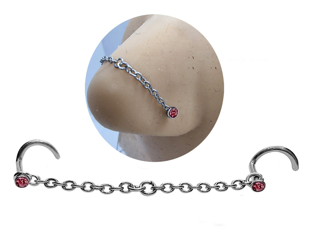 Titanium Nasallang Piercing: Handmade Nose Chain with CZ Crystals