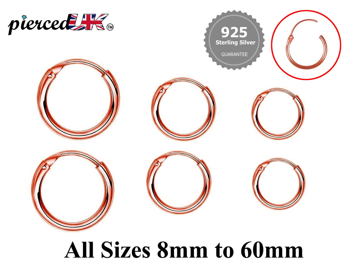 Rose Gold Sterling Silver Hoop Earrings: 8mm-60mm Sleeper Huggies