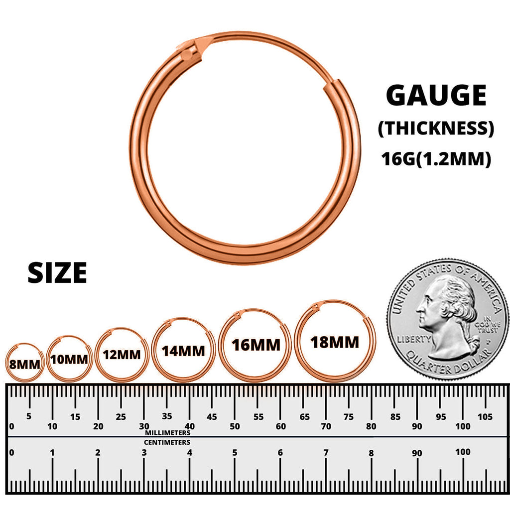 Rose Gold Sterling Silver Hoop Earrings: 8mm-60mm Sleeper Huggies