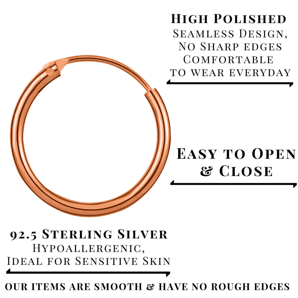 Rose Gold Sterling Silver Hoop Earrings: 8mm-60mm Sleeper Huggies
