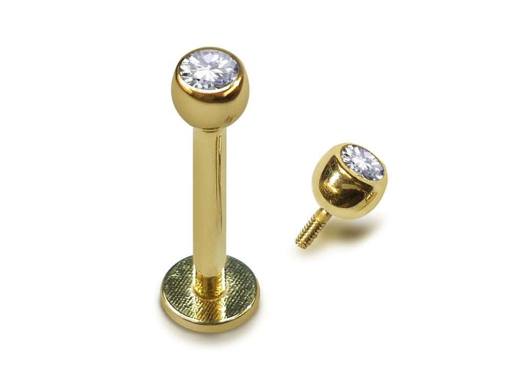 14K Gold Labret Stud: Clear Crystal Internal Thread Piercing (16g/14g)