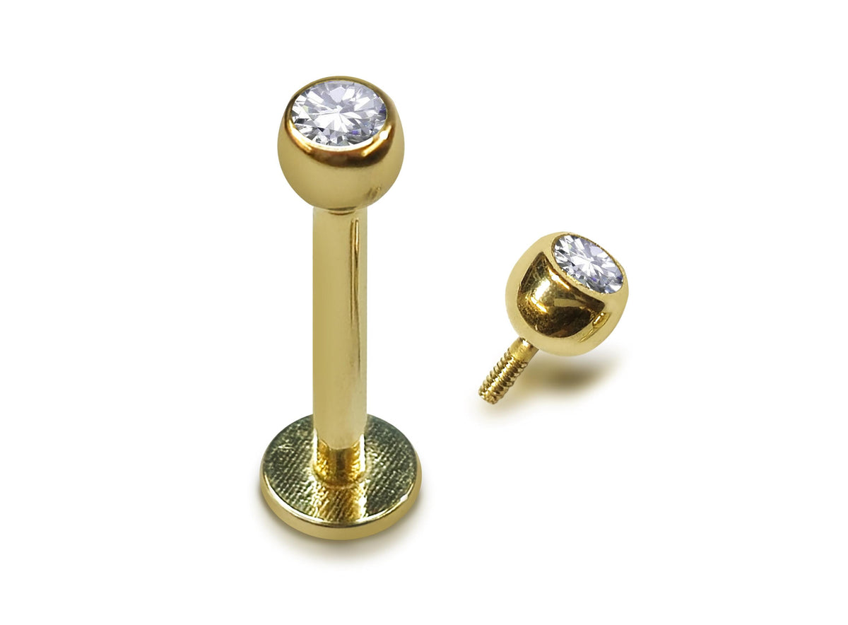 14K Gold Labret Stud: Clear Crystal Internal Thread Piercing (16g/14g)