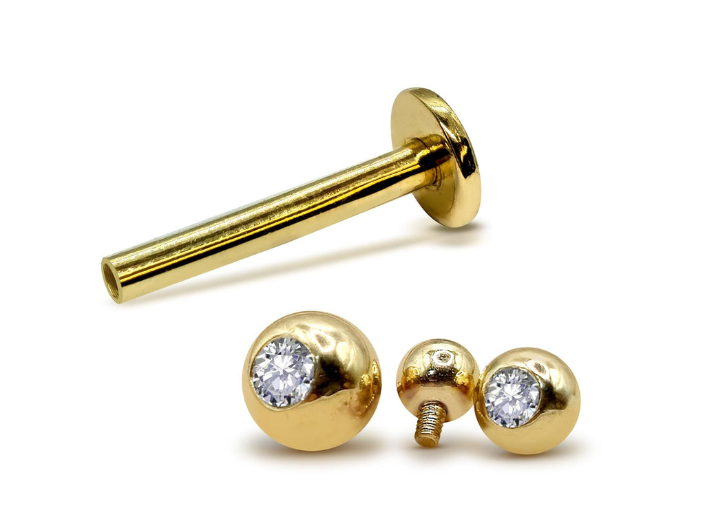 14K Gold Labret Stud: Clear Crystal Internal Thread Piercing (16g/14g)
