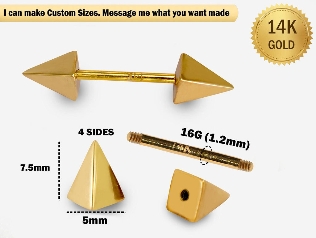 14K Gold Spike Barbell Piercing: 16G Nipple Jewelry