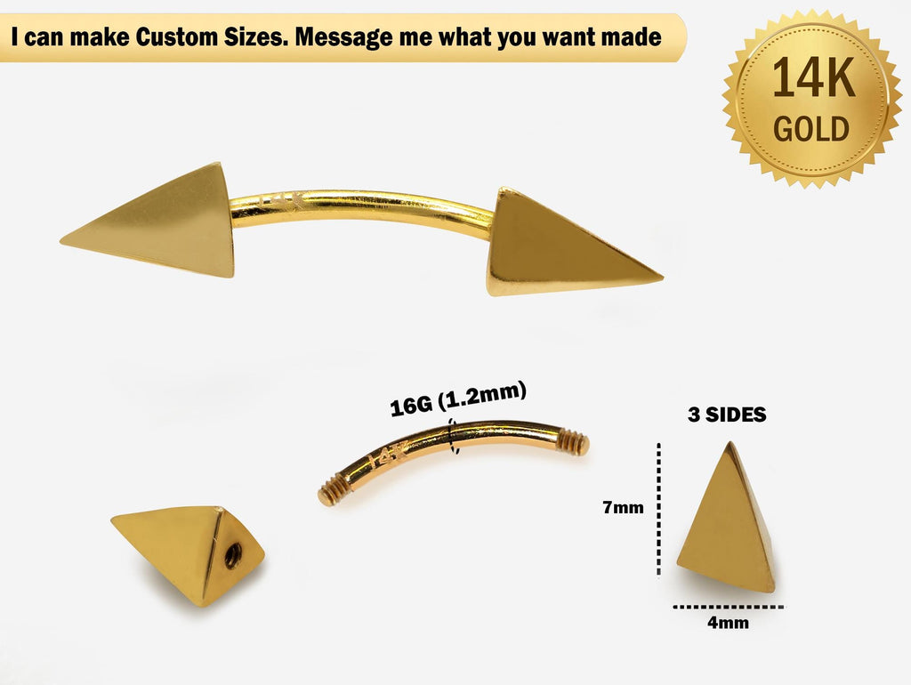 14K Gold Spike Pyramid Barbell: 16G Eyebrow Cartilage Piercing