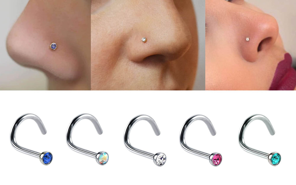 Titanium Nose Stud: 18g Nostril Screw Ring with CZ Crystal