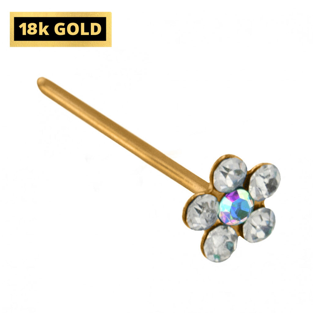 18K Gold Flower Nose Pin: Crystal Accent, Solid Gold Jewelry