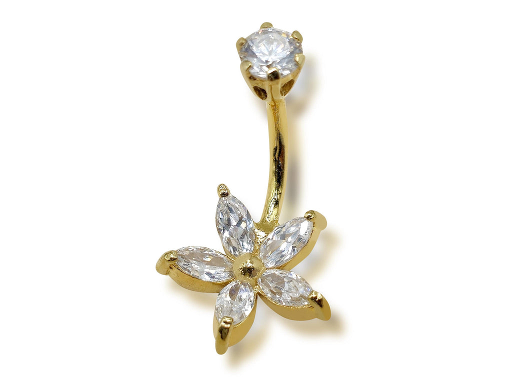 14K Gold Flower Belly Ring: Crystal Navel Piercing, 14g 10mm